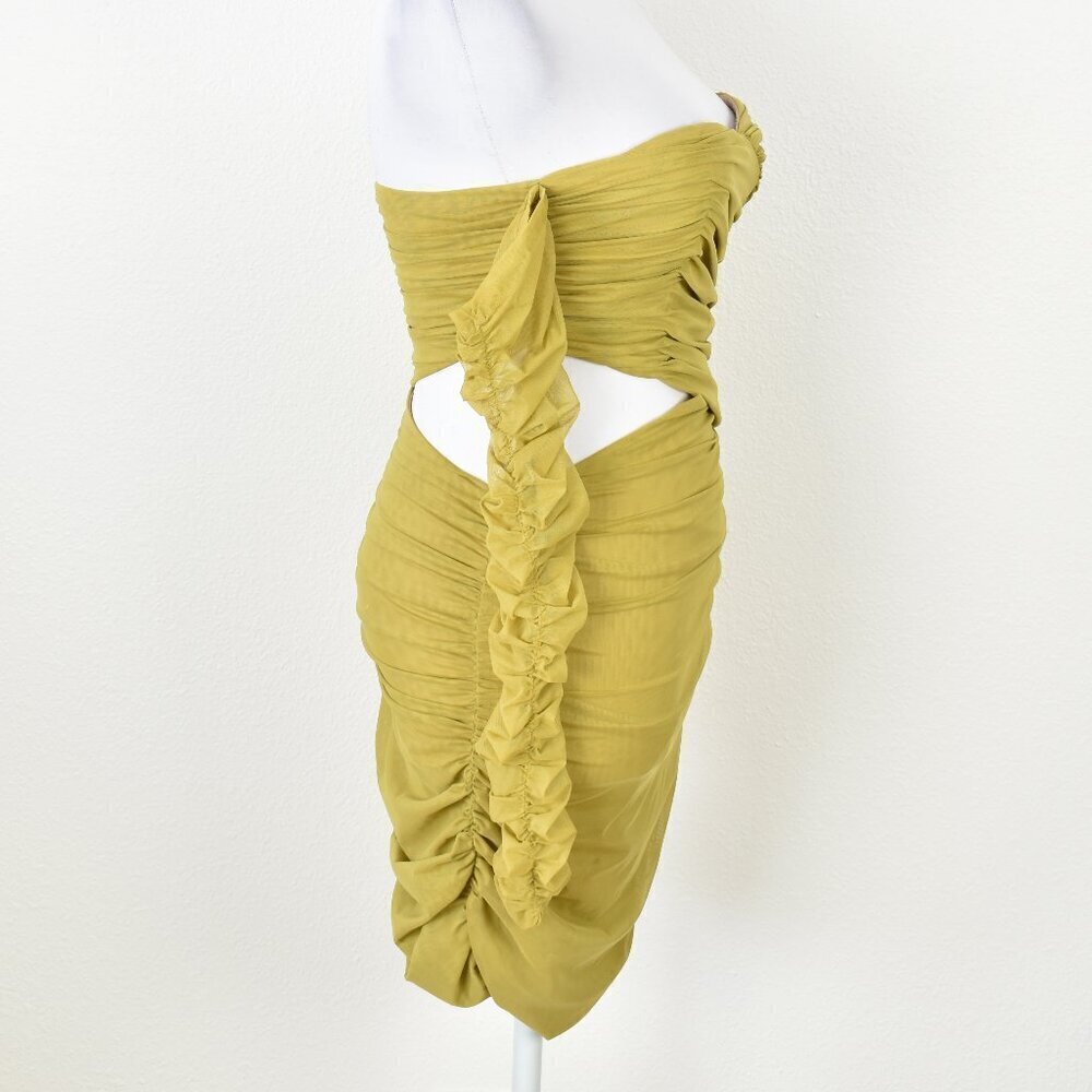 Miss Circle Ruched Chartreuse Cold Shoulder Bodycon Cut Out Dress - M - Picture 8 of 10